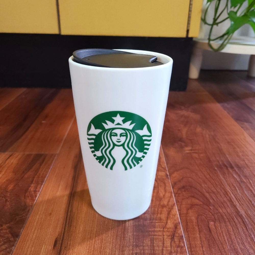 Starbucks Classic White Green Ceramic Tumbler Coffee Travel Mug Drinkware 12 OZ